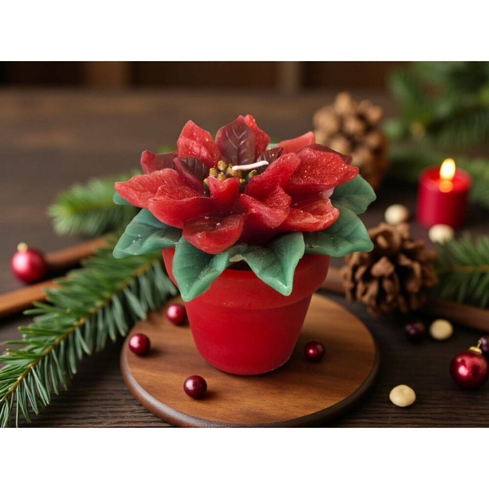 New Christmas Red Poinserria Flower W/ Glitter CANDLE Room Decor